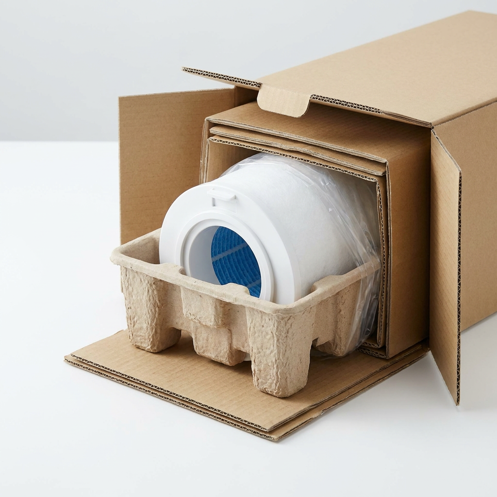 A close-up photograph of the Sharp FZC100MFU humidifying filter inside a secure corrugated cardboard shipping box, showing it protected by a molded pulp insert and plastic wrap.