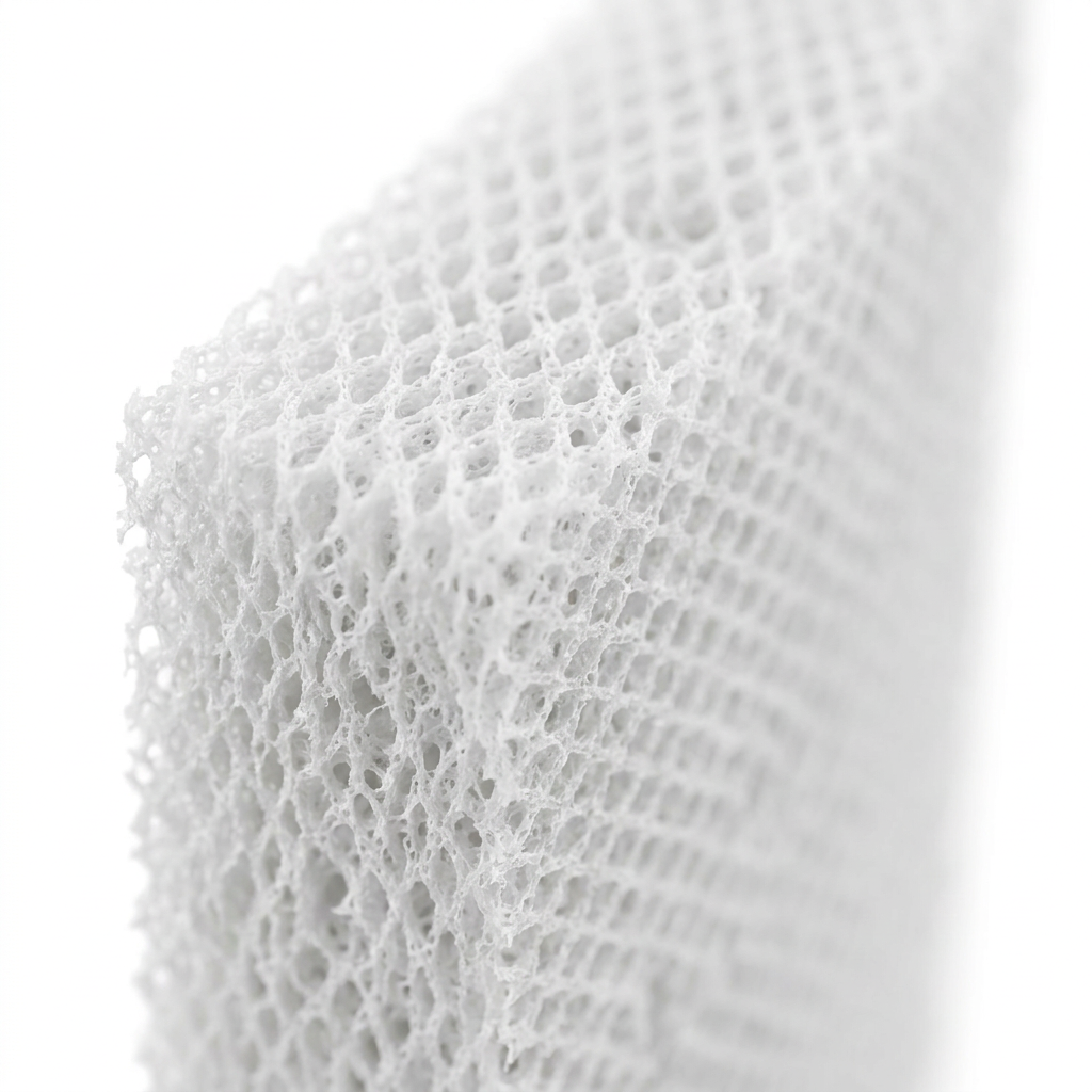 Extremely close-up photograph of the Sharp FZC100MFU humidifying filter, showing the white, porous mesh pattern and texture of the material.