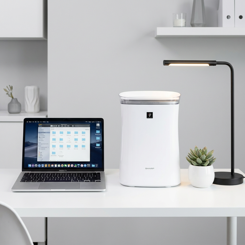 A Sharp FPK50UW air purifier placed on a white desk next to an open MacBook Pro for size comparison.