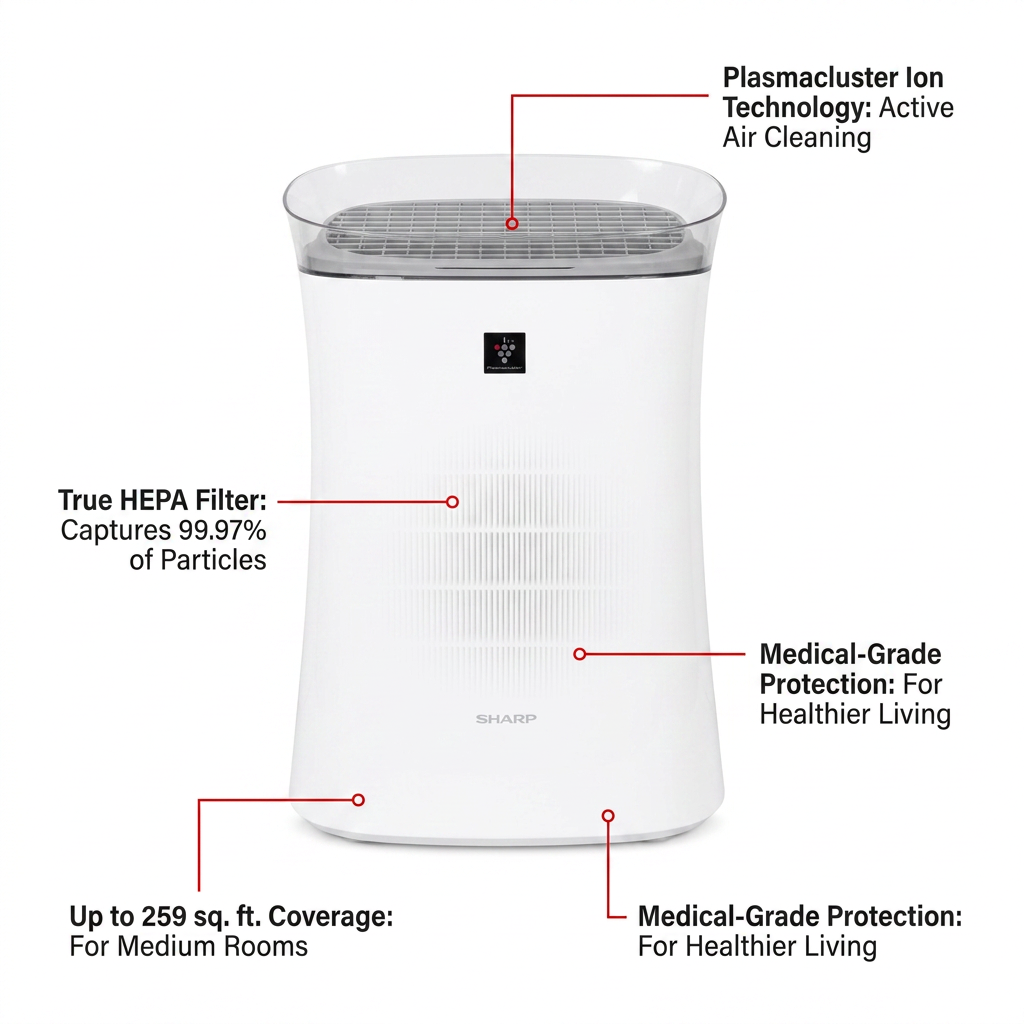 A feature callout graphic for the SHARP FPK50UW air purifier on a white background, highlighting Plasmacluster Ion Technology, True HEPA filtration, and 259 sq. ft. coverage with red pointer lines.