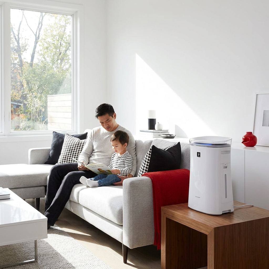 A father and son read together on a sofa in a sunlit living room. The SHARP FPK50UW Plasmacluster Ion Air Purifier is positioned on a nearby side table, contributing to a clean and healthy home environment.
