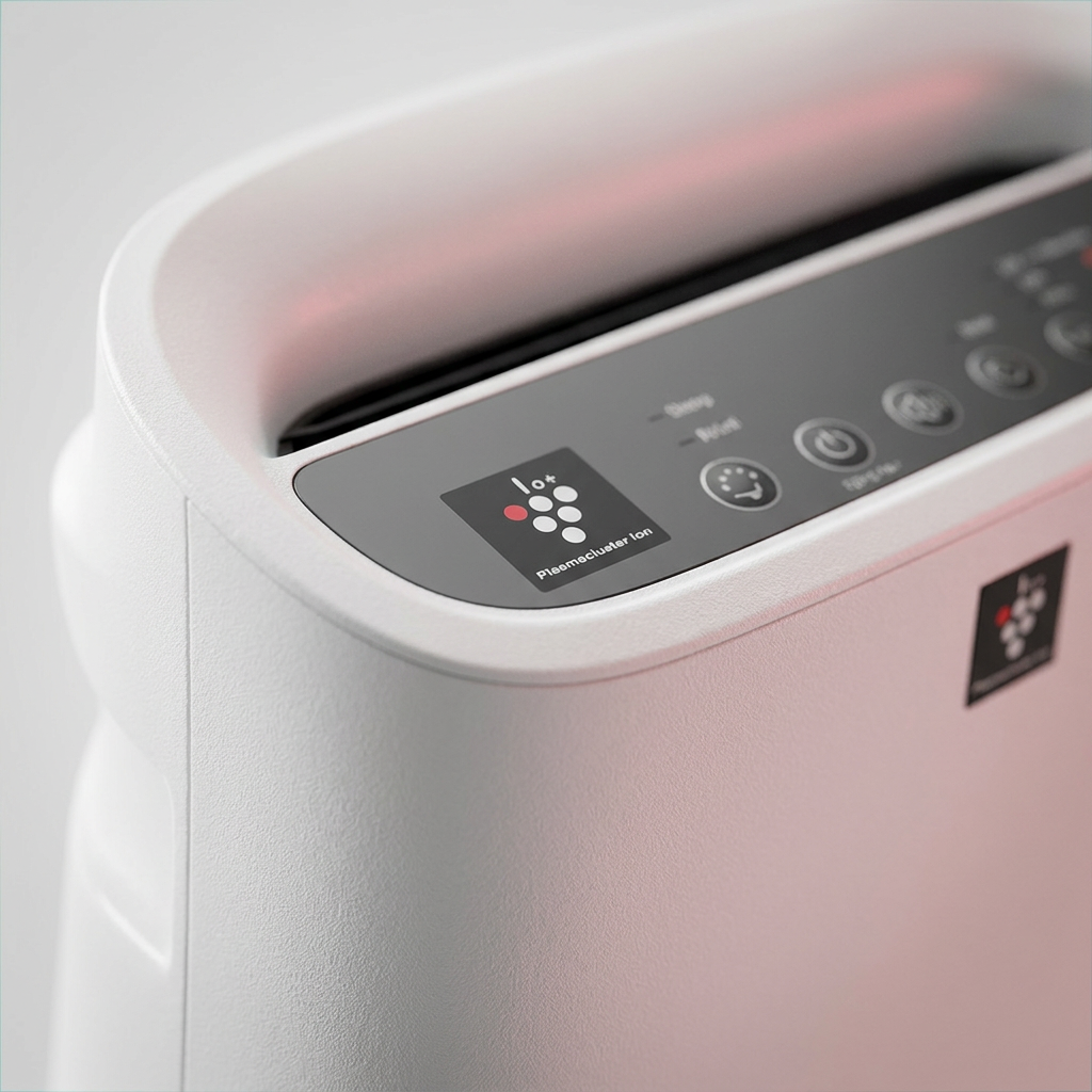 A detailed macro photograph emphasizing the 'Plasmacluster Ion' logo and buttons on the top control panel of the white Sharp FPK50UW air purifier. The image uses premium lighting and a shallow depth of field.