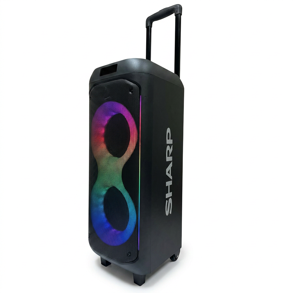 A high-resolution hero shot of the SHARP Canada PS-935 Portable Party Speaker against a pure white background, showcasing its LED lights and side logo.
