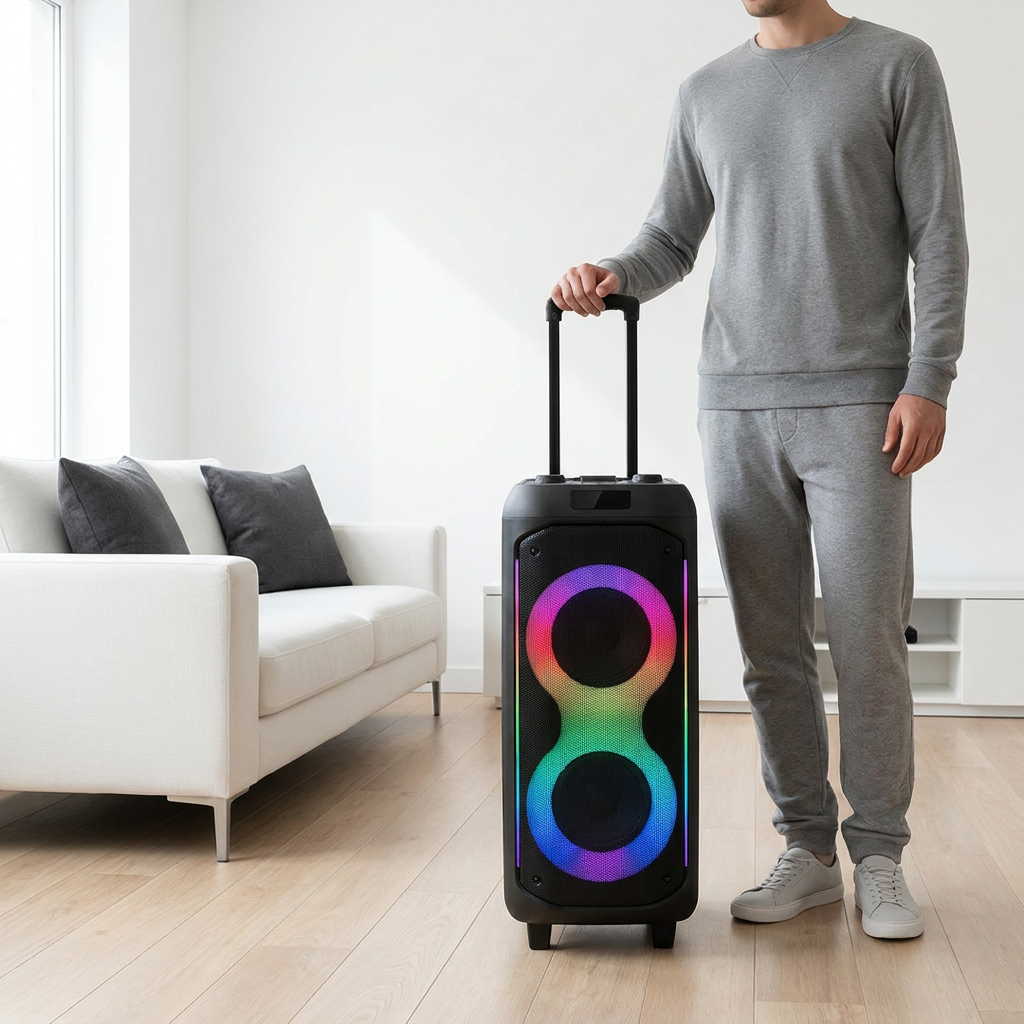 A man stands beside the SHARP PS-935 Portable Party Speaker, providing a realistic scale reference for its height.
