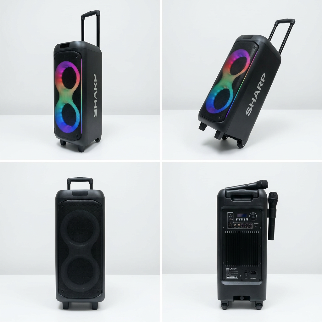 A four-panel grid showing the black Sharp PS-935 party speaker in different states: lights on, tilted on wheels, lights off, and a rear view with microphones.