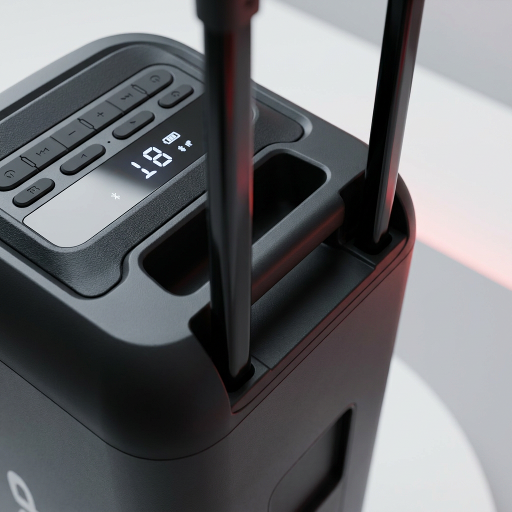A detailed close-up of the top control panel and retractable handle mechanism on the Sharp PS-935 speaker.