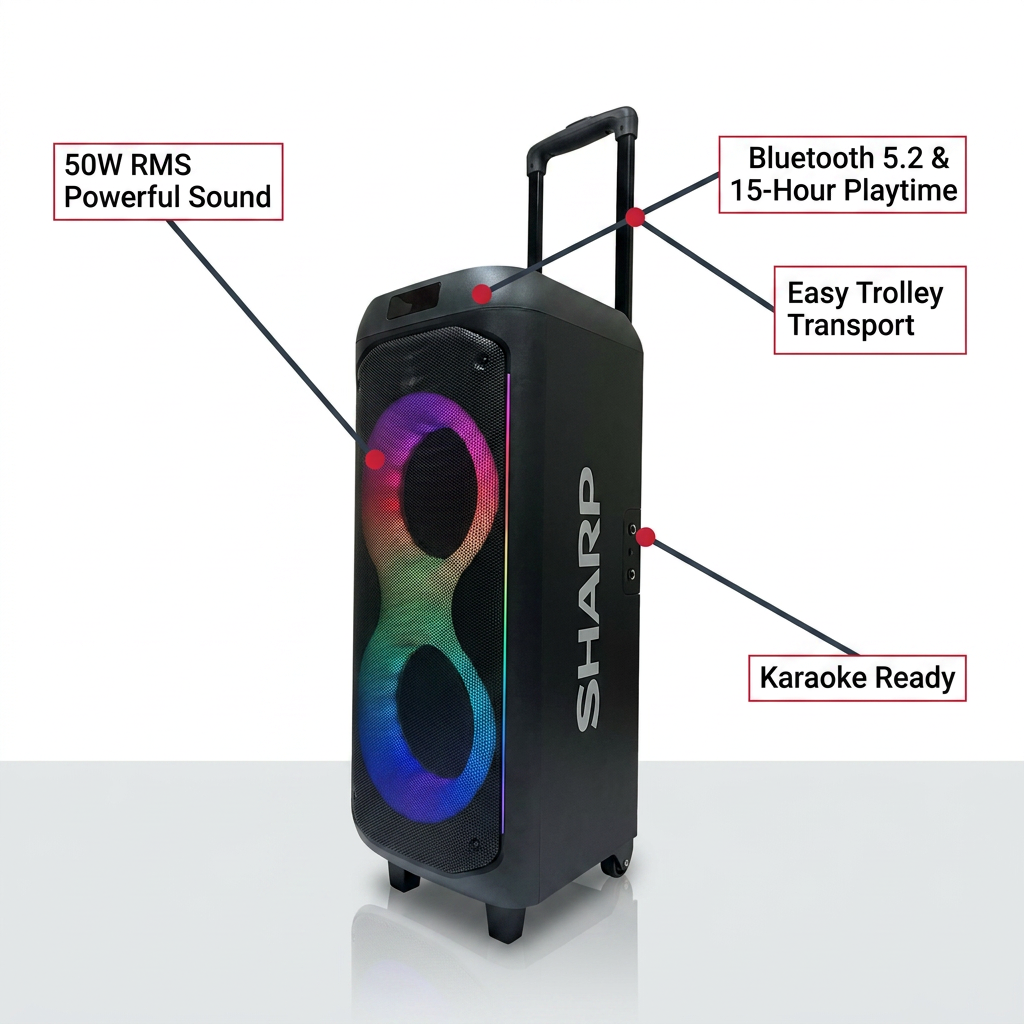 This image is a polished ecommerce feature graphic for the Sharp PS-935. It uses the Sharp Red and black brand colors on a white background to highlight key features: 50W RMS Powerful Sound, Bluetooth 5.2 & 15-Hour Playtime, Easy Trolley Transport, and Karaoke Ready. Each feature is clearly pointed out with callout lines.