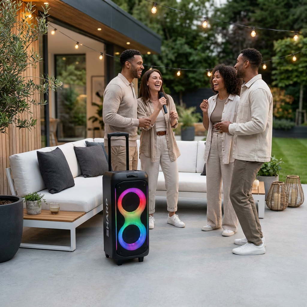 A lifestyle photograph shows four adults enjoying karaoke with the Sharp PS-935 speaker on a modern outdoor patio at dusk. The speaker's colorful LED lights are on, and people are laughing.