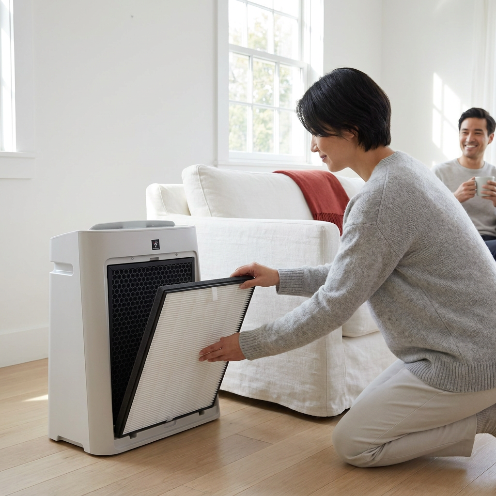In a bright, minimalist living room, a woman kneels before a white SHARP air purifier, inserting the white True HEPA and black deodorizing filters from the kit. A man smiles in the background, holding a mug. The room features white furniture, light wood floors, and a red accent blanket, creating a trusted, clean environment.