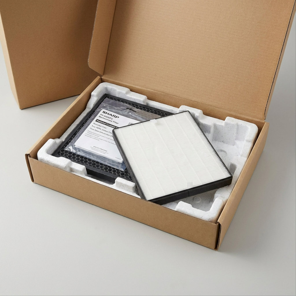 SHARP FZA40SFU Replacement True HEPA and Deodorizing Filter Kit in a secure cardboard shipping box with custom foam protection.