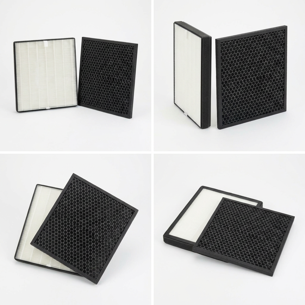 A premium Shopify PDP visual matrix grid showing the SHARP FZA40SFU Replacement HEPA & Deodorizing Filter Kit from four different angles. The white HEPA and black carbon filters are displayed side-by-side, angled, and overlapping on a clean white and light gray background to highlight their textures and configuration.