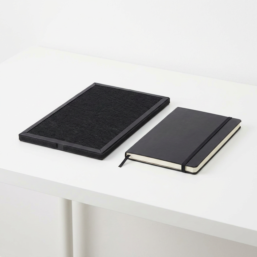 A clean studio photograph of the SHARP FZC150DFU carbon filter on a white desk next to a standard black notebook for scale.