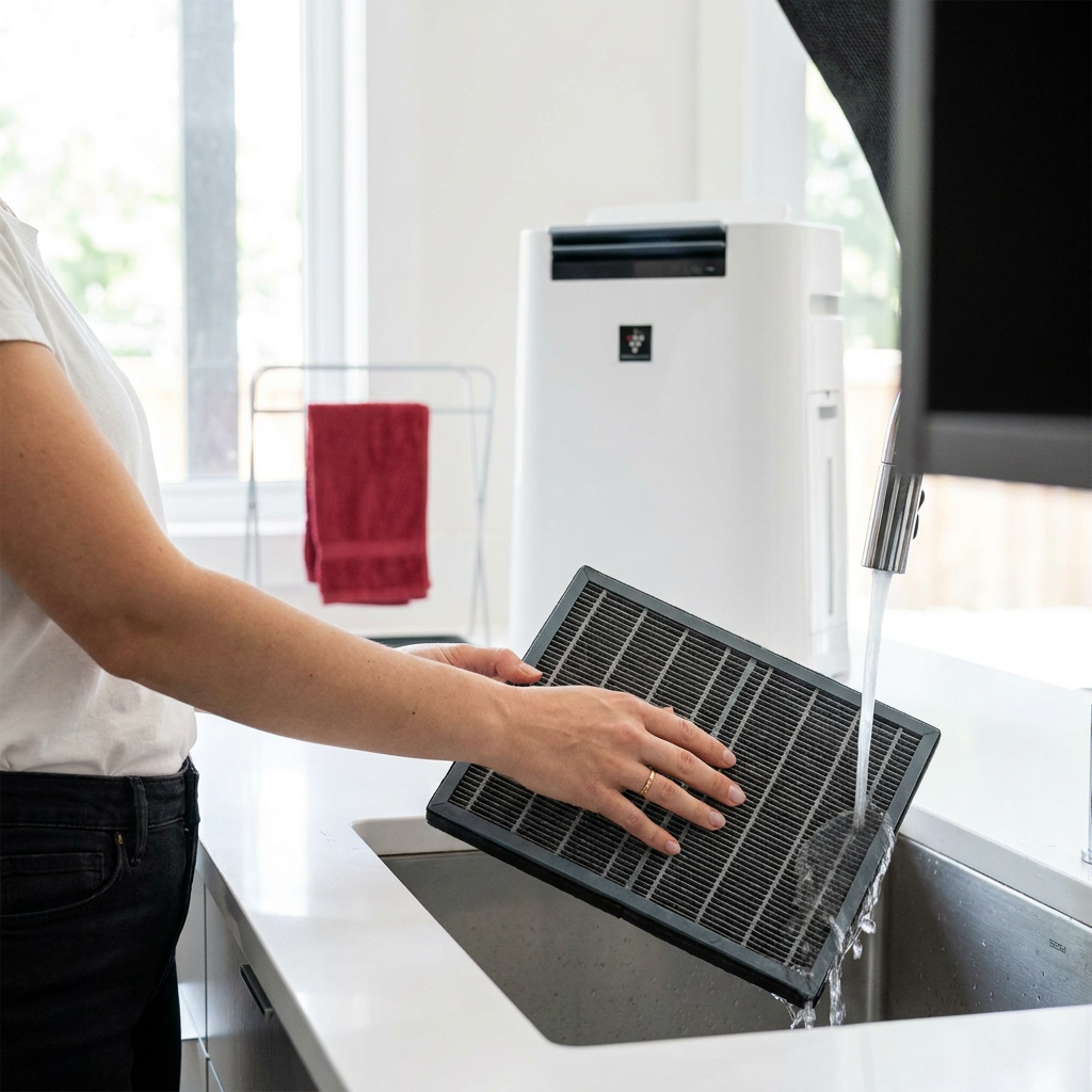 A lifestyle photograph shows a woman washing the specific Sharp Canada Sharp FZC150DFU Active Carbon Replacement Filter under a faucet in a clean, well-lit kitchen. Her hands hold the dark grey filter as water runs over it. The corresponding white Sharp air purifier unit is on the counter behind her, with a red towel on a drying rack nearby, implying a natural home environment.