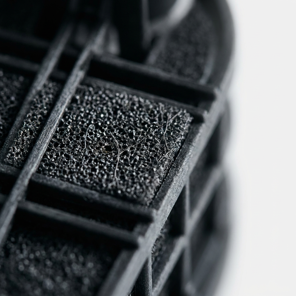 An extreme close-up photograph showcasing the porous texture of the Sharp active carbon filter. Macro details of the sponge and the precision plastic housing are highlighted with premium lighting.