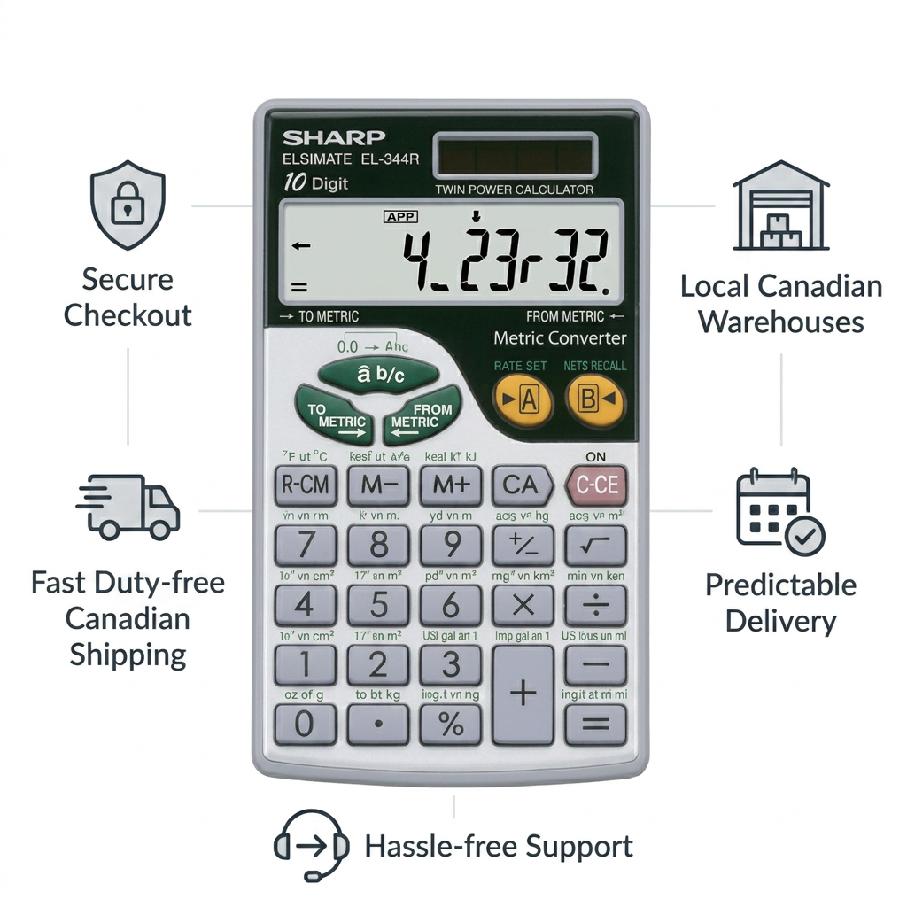 A clean, minimalist e-commerce trust infographic for the Sharp EL344R calculator, featuring the central product surrounded by five icon-based cues: Secure Checkout, Fast Duty-free Canadian Shipping, Local Canadian Warehouses, Predictable Delivery, and Hassle-free Support, all in a dark charcoal tone on a white background.