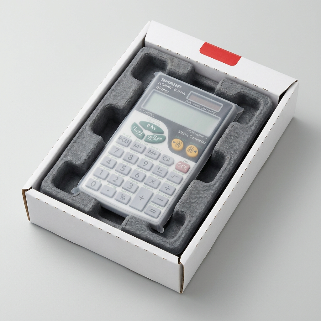 SHARP EL344R calculator in its secure, protective unboxing tray with a red accent.