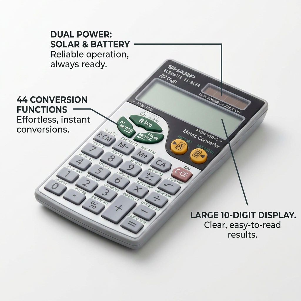 A grey Sharp EL344R calculator with green and yellow conversion buttons is shown. Callout lines with dark charcoal text highlight three features: "DUAL POWER: SOLAR & BATTERY," "44 CONVERSION FUNCTIONS," and "LARGE 10-DIGIT DISPLAY," each with a corresponding benefit. The background is a clean white, minimalist surface.