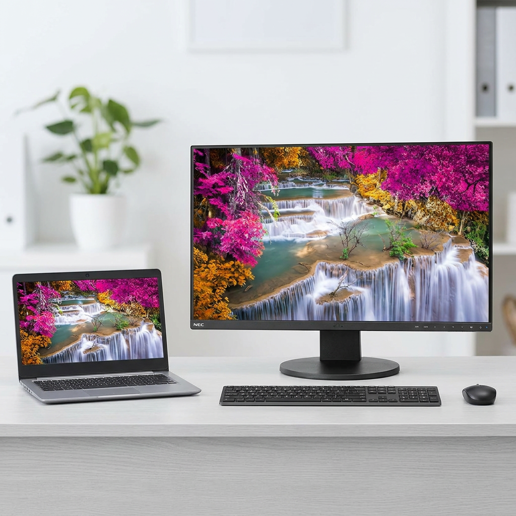 A Sharp EA271U-BK 27" 4K monitor is shown on a light gray desk next to a closed laptop, allowing customers to compare its size. The monitor displays the colorful waterfall scene. The setting is a clean, modern office with white walls and natural light.