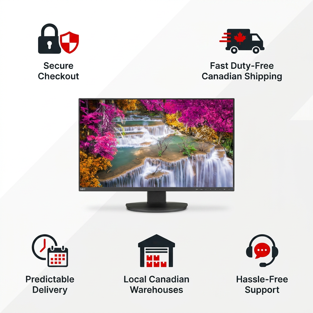 A clean, brand-aligned PDP infographic featuring the SHARP/NEC EA271U-BK monitor. It uses a white background with black and red icons to highlight trust elements like Secure Checkout, Fast Duty-Free Canadian Shipping, Local Canadian Warehouses, Predictable Delivery, and Hassle-Free Support.