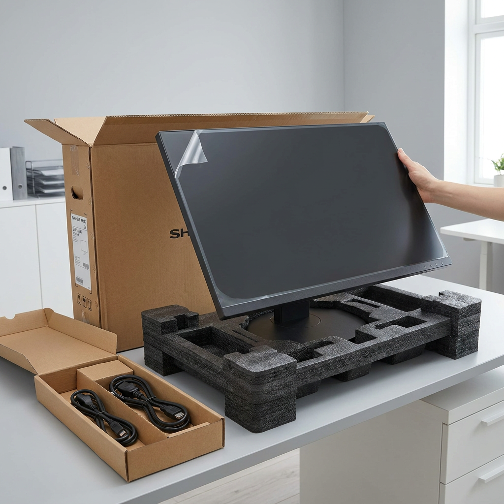 A person is unboxing a Sharp/NEC computer monitor, placing the screen into its protective foam base on a clean office desk. The original shipping box and neatly packed cables are beside it, all in a brightly lit, minimalist room.