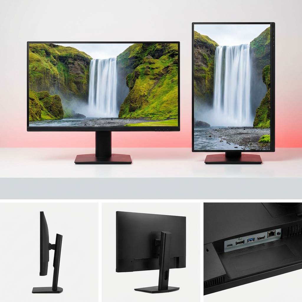 A PDP visual matrix image shows the black Sharp EA271U-BK monitor in landscape and portrait orientations, plus three additional views of its side profile, rear stand, and connectivity ports, in a clean white studio.