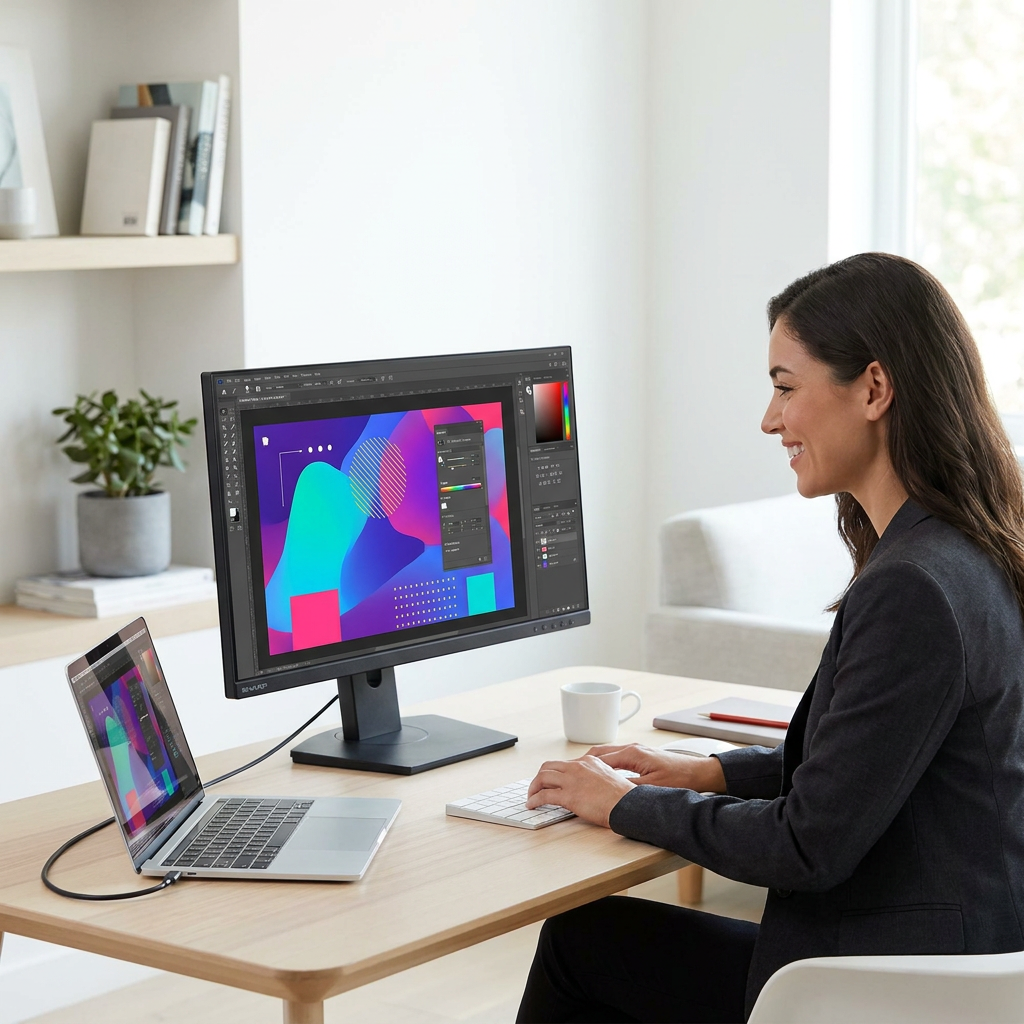 A woman in a blazer smiles while using a SHARP 4K monitor and a laptop in a clean, modern office setting with natural light.