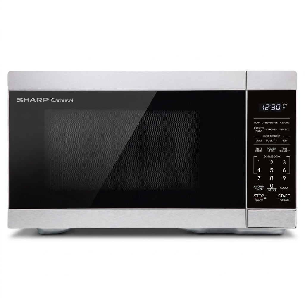 A high-resolution hero shot of the Sharp Carousel® Stainless Steel Countertop Microwave Oven, model SMC0962KSC, on a pure white background with a realistic shadow.