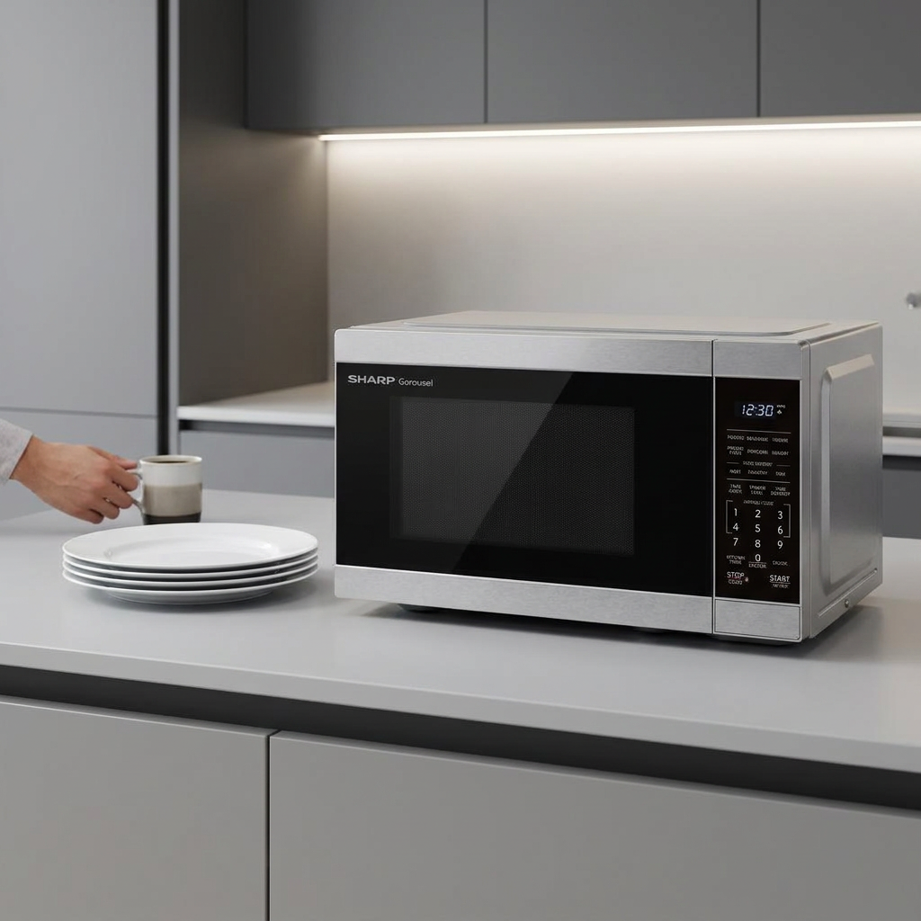 SHARP SMC0962KSC microwave on a modern kitchen counter beside a stack of plates and a mug, providing immediate size reference.
