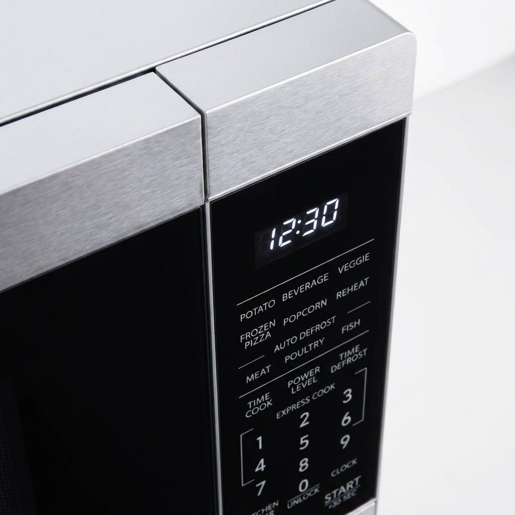 A detailed close-up photograph of the control panel buttons and LED display on the brushed stainless steel Sharp countertop microwave.