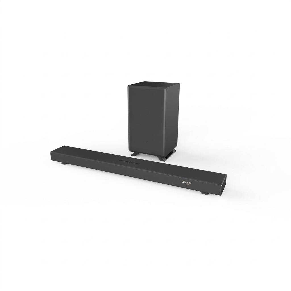PDP hero shot of the SHARP HT-SBW53121 soundbar and wireless subwoofer in black, centered on a pure white background with a soft shadow.