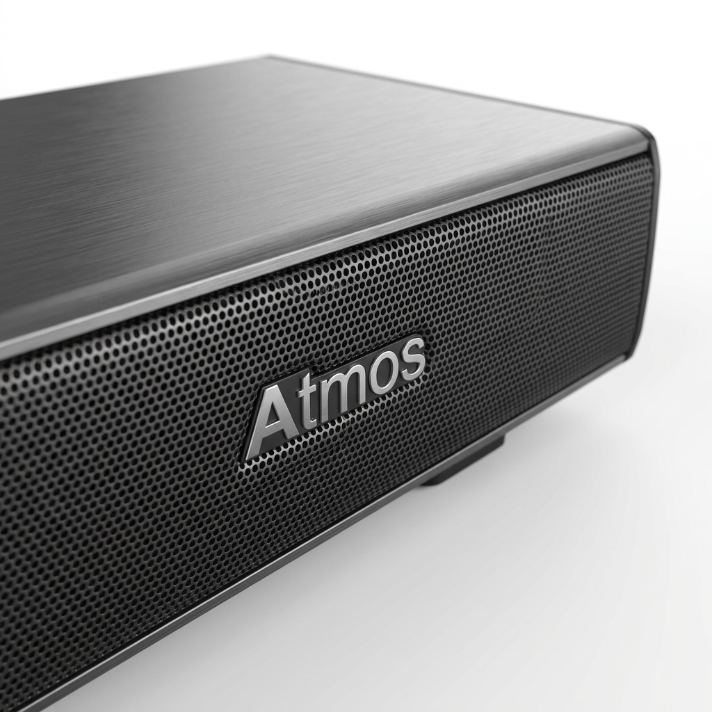 An extreme close-up view of the 'Atmos' logo and textured grille on the Sharp HT-SBW53121 soundbar, showcasing premium materials and build quality.