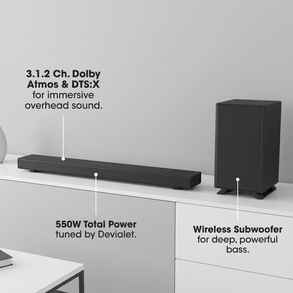 A feature callout image for the Sharp HT-SBW53121 soundbar, using the requested brand guidelines. White pointer lines and text labels highlight three key features: "3.1.2 Ch. Dolby Atmos & DTS:X for immersive overhead sound.", "550W Total Power tuned by Devialet.", and "Wireless Subwoofer for deep, powerful bass." The product is shown on a white and light gray console.