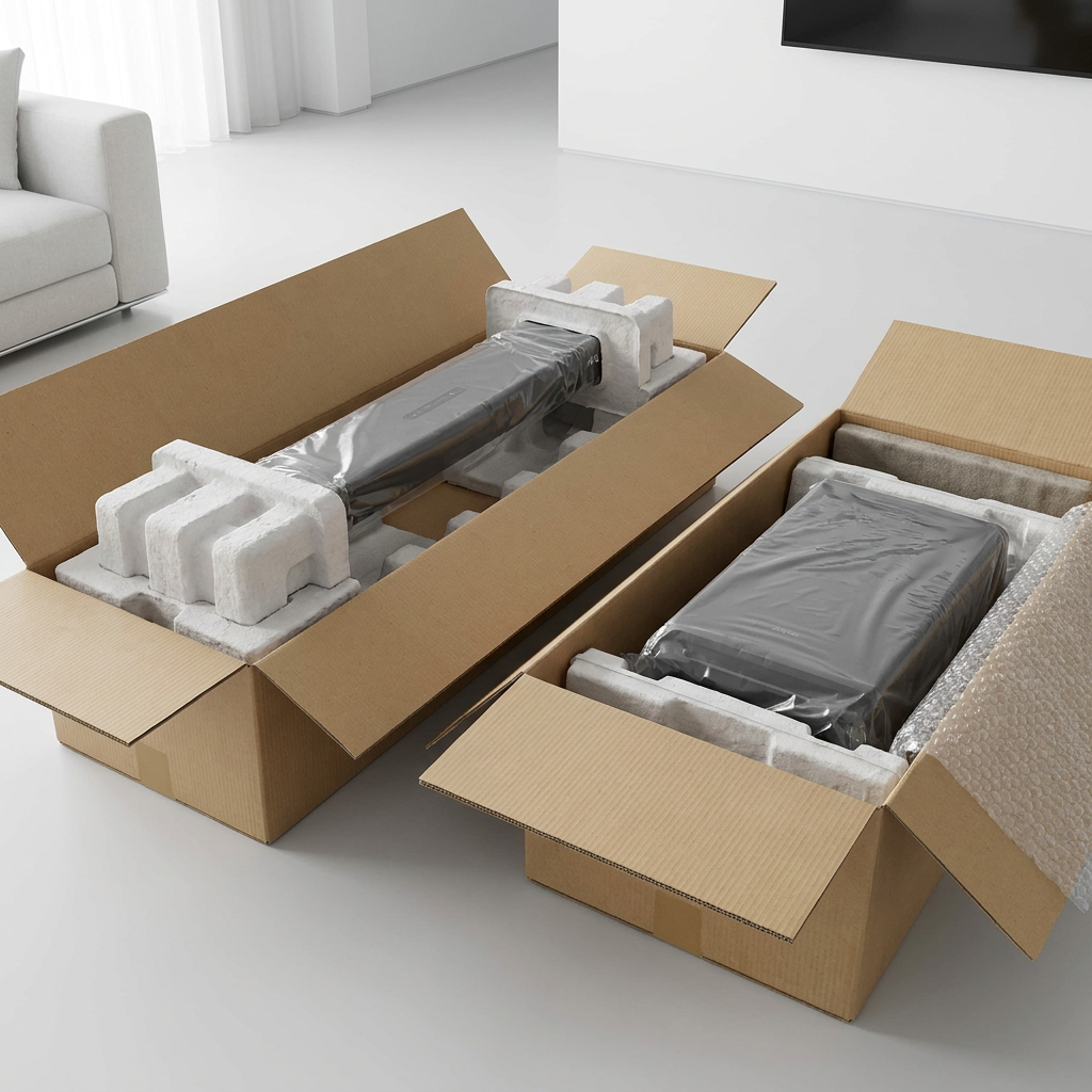 SHARP soundbar and subwoofer being unboxed from secure transport packaging in a premium home setting.