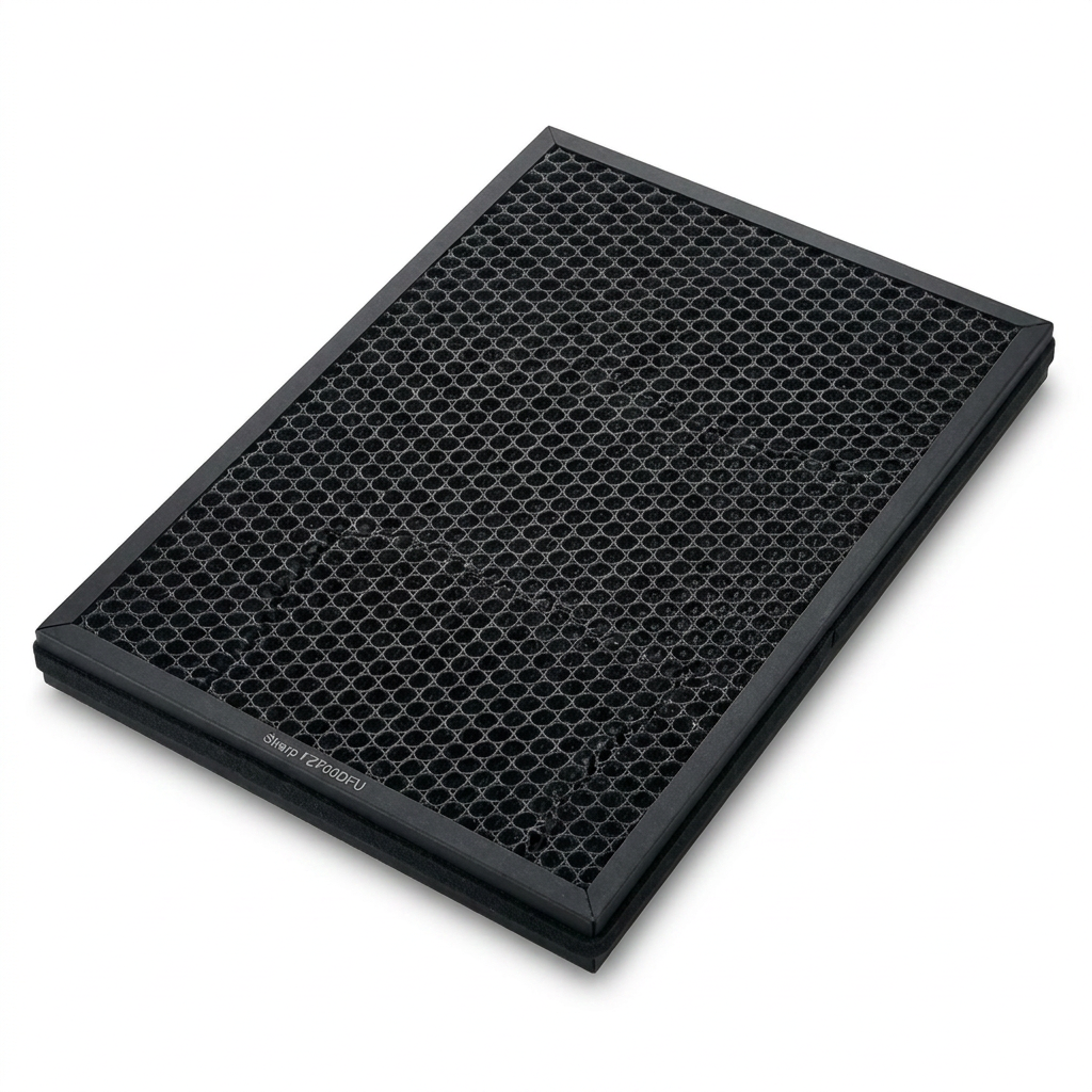 A high-resolution hero shot of the SHARP FZF60DFU Activated Carbon Deodorizing Replacement Filter. The black rectangular filter with its honeycomb carbon mesh is centered on a pure white background, showing the manufacturer marking and a clean shadow.