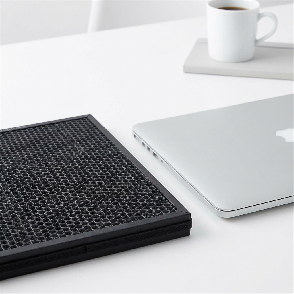 SHARP FZF60DFU filter next to a 13-inch laptop, showing scale on a white desk with minimalist decor.
