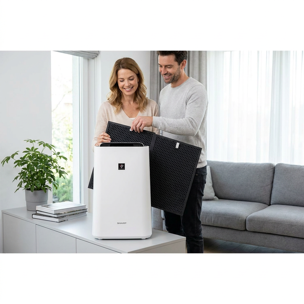 A man and woman smile while inserting the black Sharp FZF60DFU filter (from image_0.png) into a white Sharp FP-F60UW air purifier. The scene is a sunlit, modern living room.