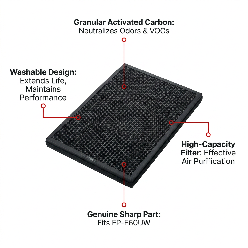 A polished e-commerce feature graphic on a white background, showing the Sharp FZF60DFU activated carbon filter. Clean red pointers and dark text call out key benefits: "Granular Activated Carbon: Neutralizes Odors & VOCs," "Washable Design: Extends Life, Maintains Performance," "High-Capacity Filter: Effective Air Purification," and "Genuine Sharp Part: Fits FP-F60UW." The design is minimalist and trustworthy.