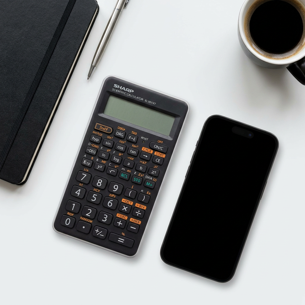 A flatlay photograph shows the Sharp EL501XTGY scientific calculator on a white desk next to a black smartphone. The calculator is similar in length to the phone. A notebook, pen, and coffee cup are also on the desk, following a monochrome color scheme.