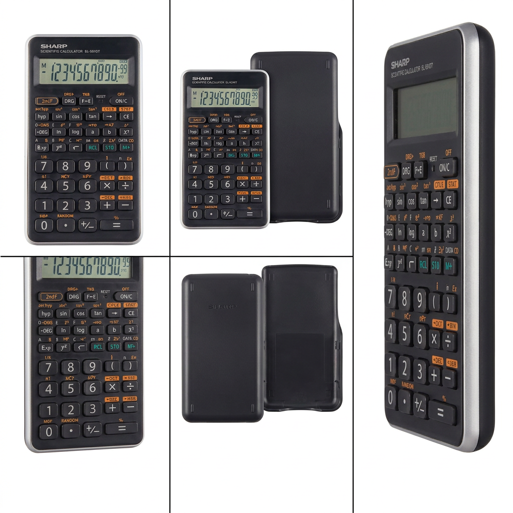 A five-panel grid image showing the SHARP EL501XTGY calculator and its hard case. The panels display the calculator from the front, side, and angled views, as well as the hard case, all against a clean white background with professional studio lighting.