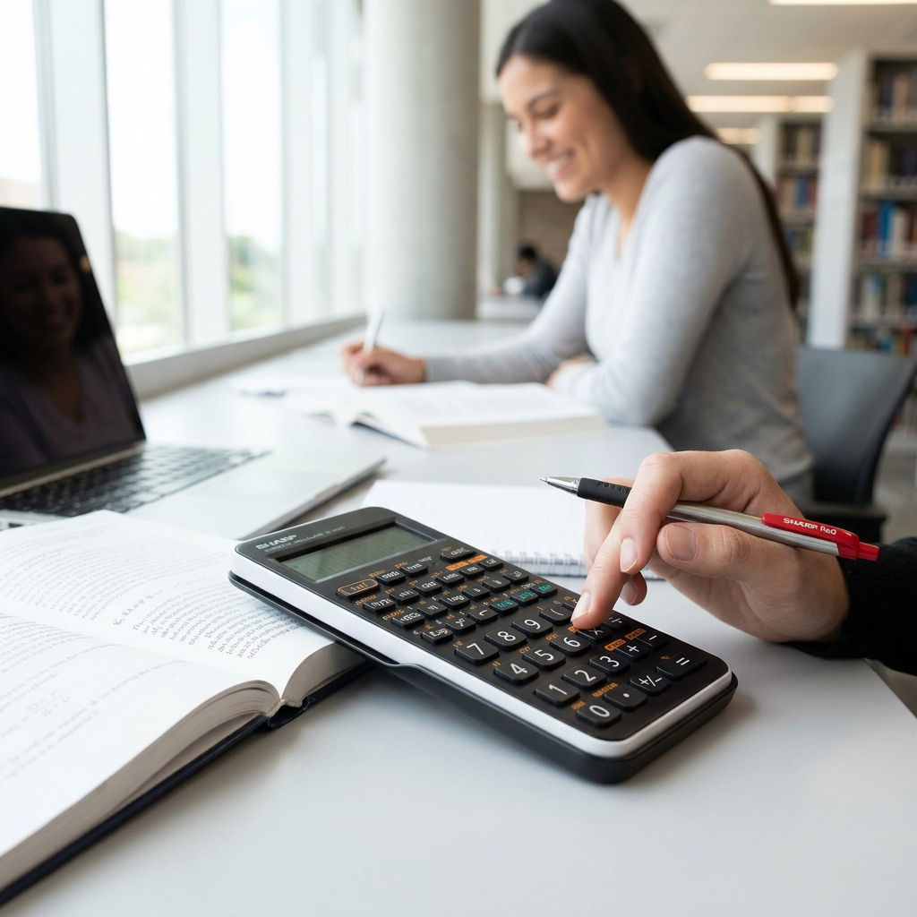 A lifestyle image for a PDP matrix shows a student using the SHARP EL501XTGY scientific calculator in a bright university library. Their hand presses a button on the calculator, which sits on a light gray desk next to textbooks and a laptop. The background features another student and natural light from large windows, creating a modern, trusted, and popular atmosphere in line with the Reseller Shopify brand. The red accent is present on the pen.