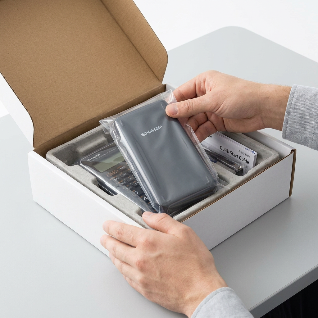 A person unboxes a SHARP EL501XTGY calculator and its hard case from a secure, molded pulp tray and plastic bags within a minimalist white cardboard box. The packaging is clean and protective.