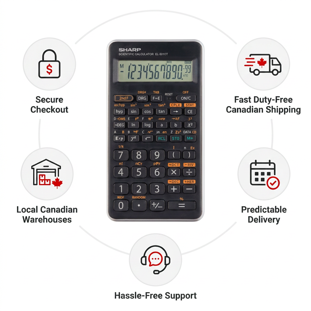 A PDP visual matrix infographic featuring the SHARP EL501XTGY Scientific Calculator at its center. Surrounding the calculator are five circular icons with a clean white and gray color scheme and red accents, each representing a trust and authority cue: "Secure Checkout," "Fast Duty-Free Canadian Shipping," "Local Canadian Warehouses," "Predictable Delivery," and "Hassle-Free Support." The text is in a dark charcoal color and the overall style is minimalist and organized.