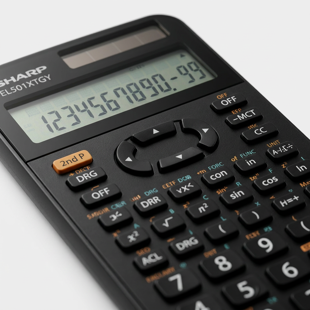 An extreme close-up view of the Sharp Scientific Calculator EL501XTGY interface, displaying the screen and upper function keys. The image uses premium lighting and a shallow depth of field to emphasize the texture of the rubber buttons and the clarity of the digital display, providing a detailed inspection of the product's controls.