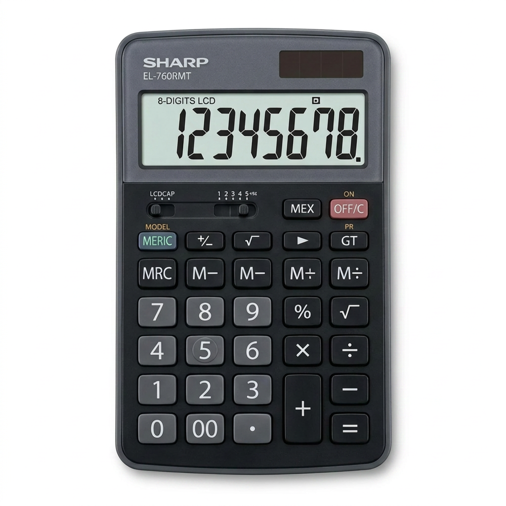 A high-resolution hero image of the SHARP EL-760RMT desktop calculator on a pure white background, showcasing its 8-digit display, buttons, and solar panel.
