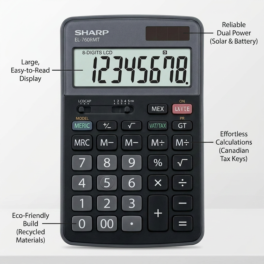 A polished eCommerce graphic shows the Sharp EL-760RMT calculator. Four pointers highlight key features: "Large, Easy-to-Read Display", "Reliable Dual Power (Solar & Battery)", "Effortless Calculations (Canadian Tax Keys)", and "Eco-Friendly Build (Recycled Materials)". The aesthetic is clean with a white background and minimal dark gray labels.