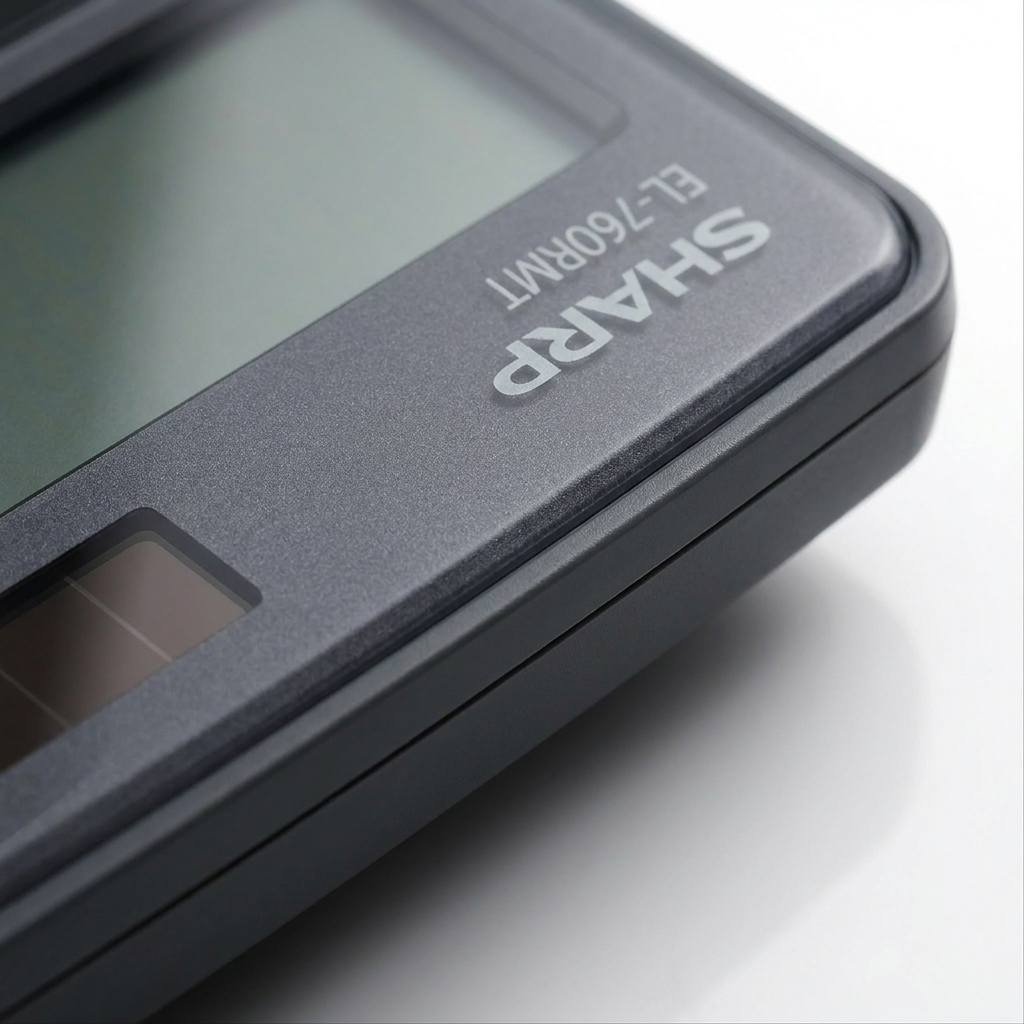 An extreme close-up photograph of the Sharp EL-760RMT calculator from image_0.png, focusing on the dark gray corner with the printed branding and model number. The textured plastic construction and clean screen printing are highlighted by the premium studio lighting against a pure white background.