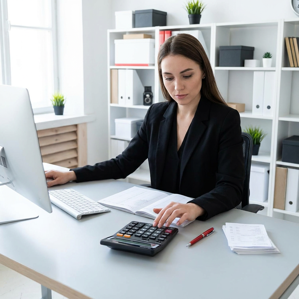 A businesswoman in a modern office uses the Sharp EL-760RMT calculator while working on a ledger. The natural light and minimalist black, white, and gray decor, with a touch of red in the pen and binders, reflect the brand's professional aesthetic.