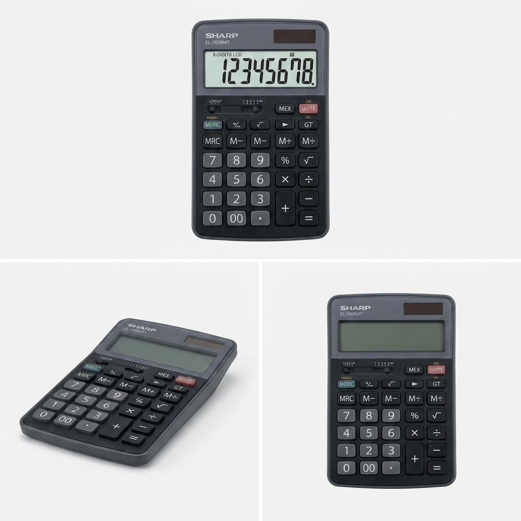 A three-panel matrix view of the Sharp EL-760RMT calculator on a minimalist white background, showing different angles of the same product.