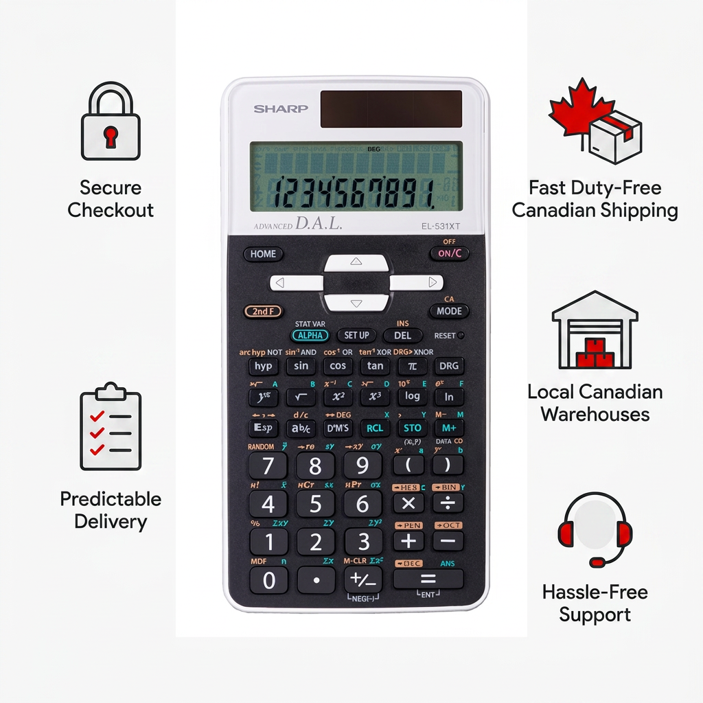 A white background infographic for the Sharp EL531XT scientific calculator, featuring four surrounding trust icons with text: [Secure Checkout], [Fast Duty-Free Canadian Shipping], [Local Canadian Warehouses], and [Hassle-Free Support]. The icons are simple line art in black with Sharp Red (\#E60000) accents.