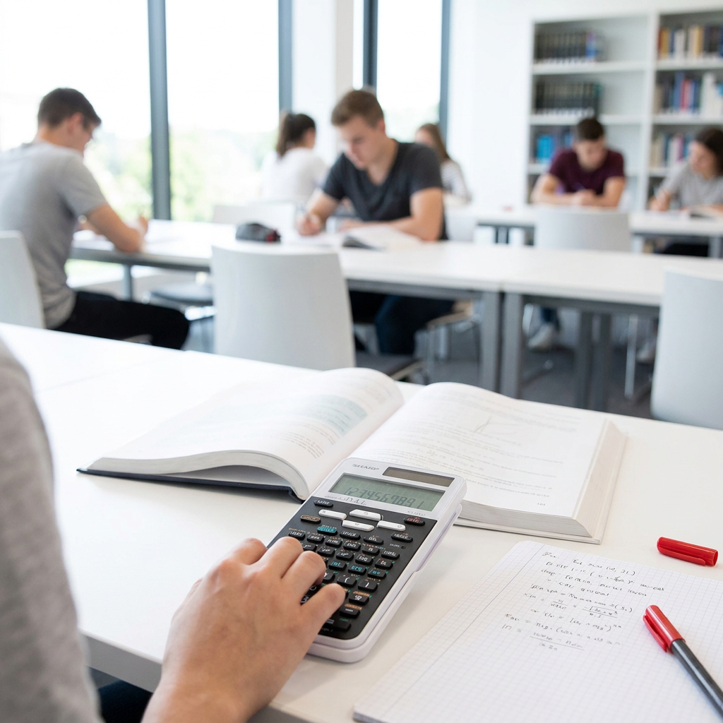 A hand uses the Sharp EL531XTWH scientific calculator on a white desk within a brightly lit university library, surrounded by notes.